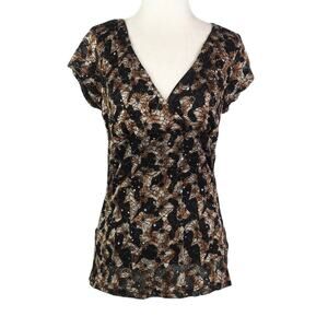 Vintage Y2K Wrapper Black Brown Lace Sequin Rhinestone Babydoll Top L